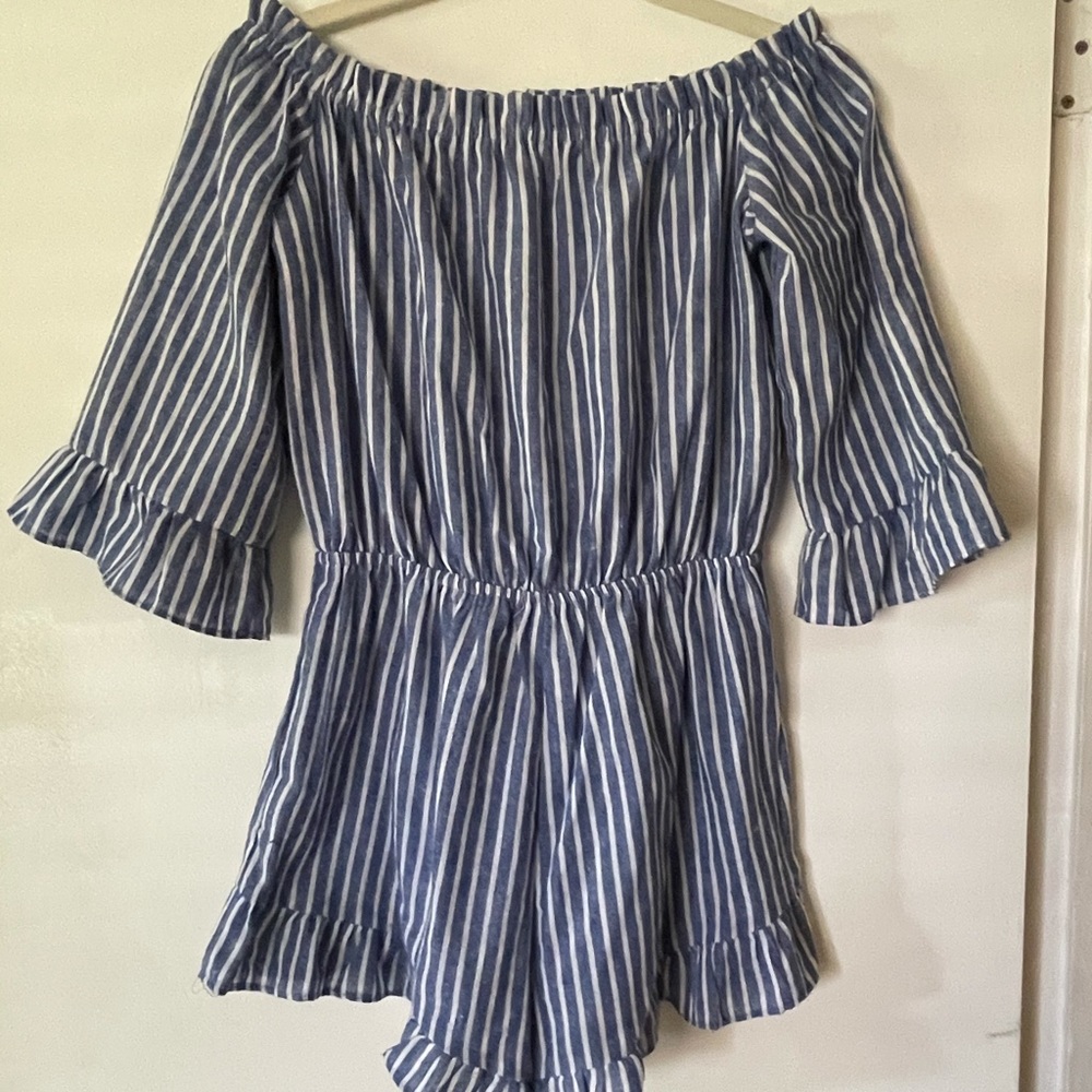Blue and white striped cotton romper